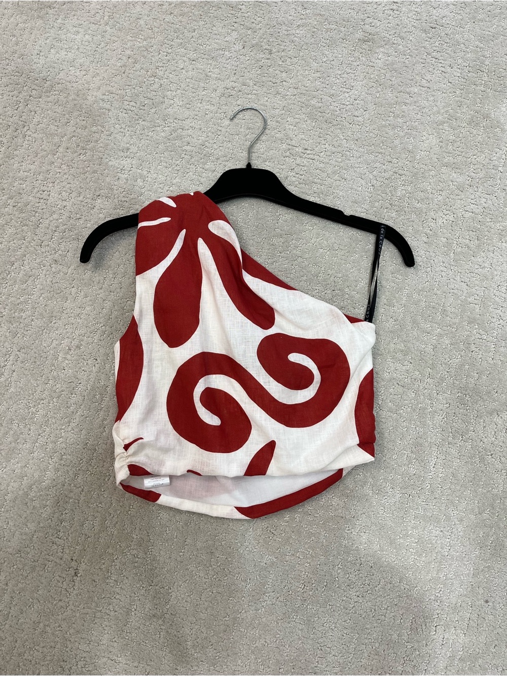 Asymmetrical One-Shoulder Red & White Swirl Crop Top
